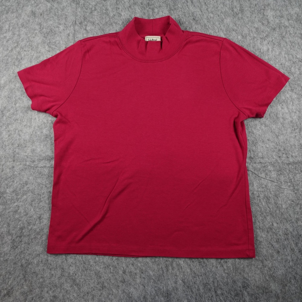 LL Bean Top Womens Medium Red Supima Cotton Mock Neck Short Sleeve Solid Classic